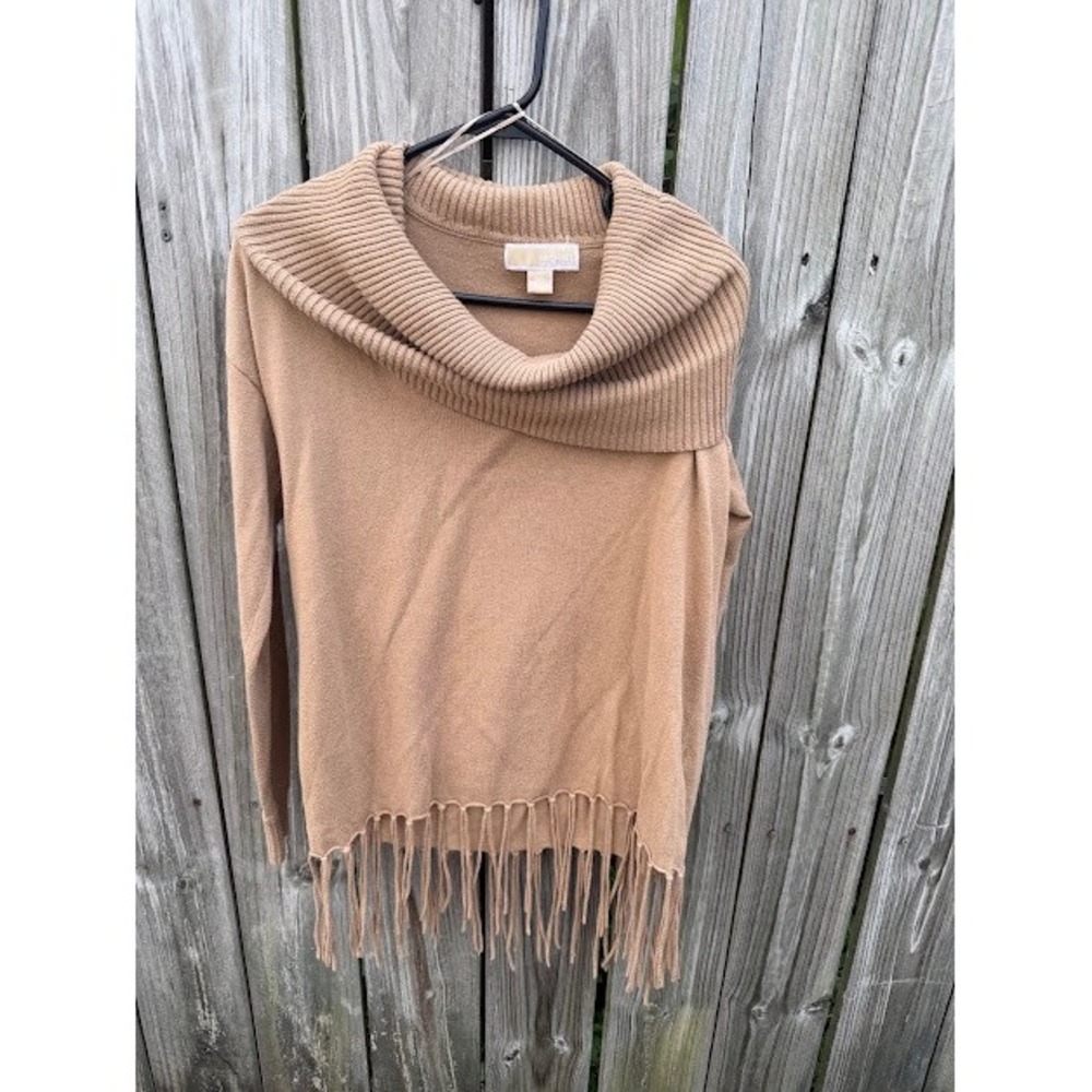 Boho Western Michael Kors Sweater XS Tan Cowl Neck Fringe Hem Pullover